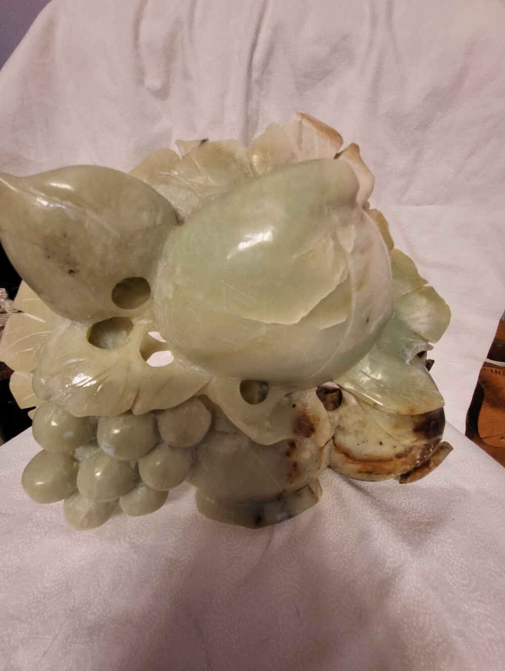 Handcarved Green Jadeite 6.5 x 8 Inch Grapes And Peaches Sculpture
